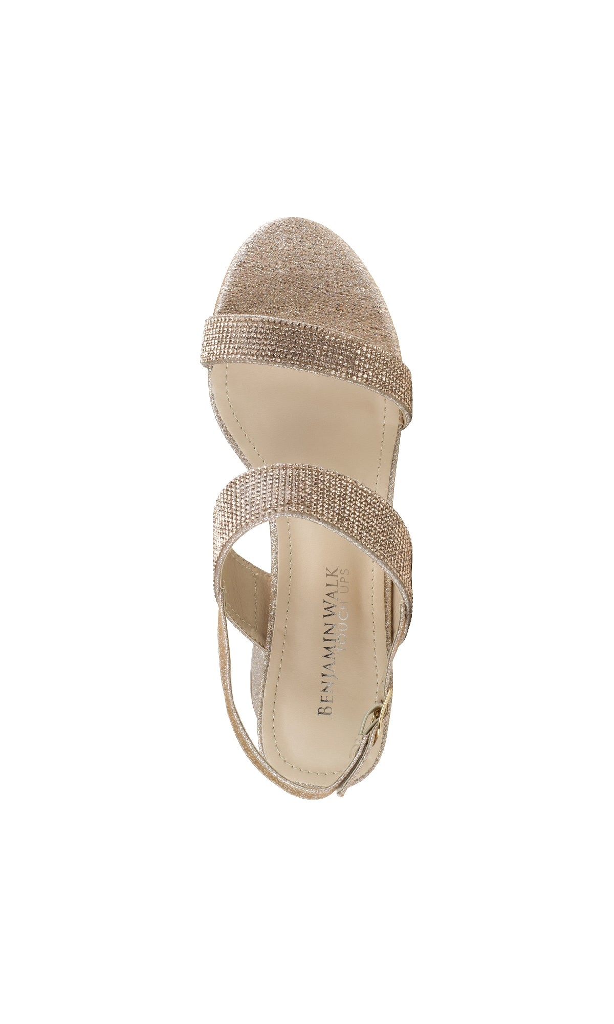 A single Ares Champagne Glitter Prom Shoe (Touch Ups 4654) in beige, seen from above, with two jeweled glitter straps, a buckle, low block heel, and an insole stamped